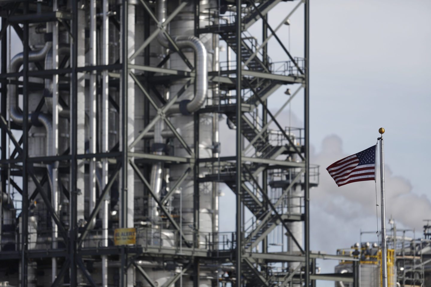 An American flag flies at a DuPont ethanol plant in Nevada, Iowa on Jan. 30, 2016. 