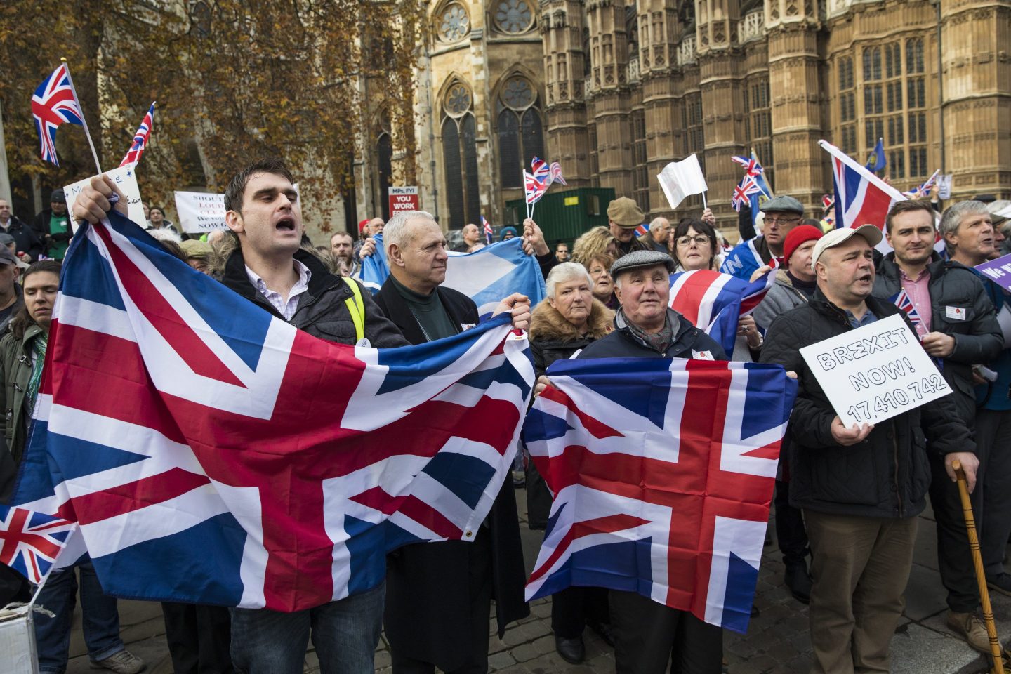 Pro-Brexit demonstrators outside the Houses of Parliament, Nov. 23, 2016.