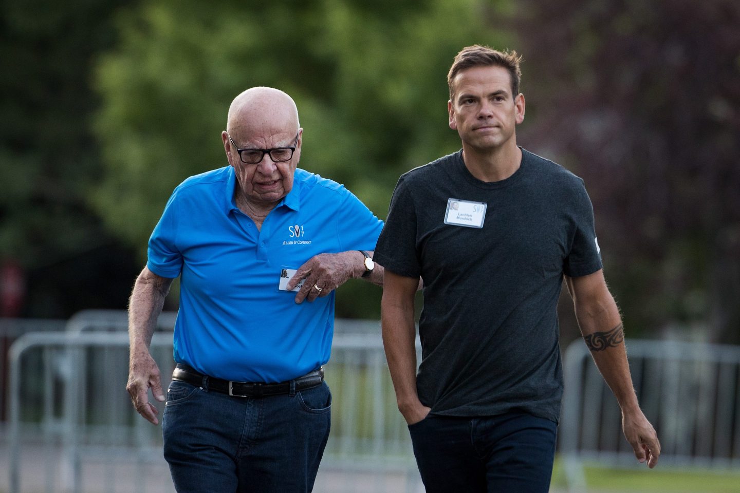 Rupert and Lachlan Murdoch walk together at the Sun Valley conference in 2019