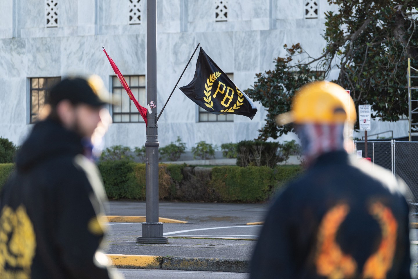Members of the Proud Boys gather in front of the Oregon State Capitol building during a far-right rally on January 8, 2022 in Salem, Oregon.