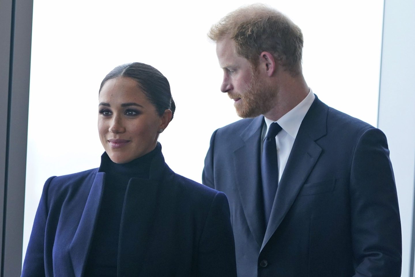 Meghan Markle, and her husband Prince Harry arrive to the observatory in One World Trade in New York, Thursday, Sept. 23, 2021.