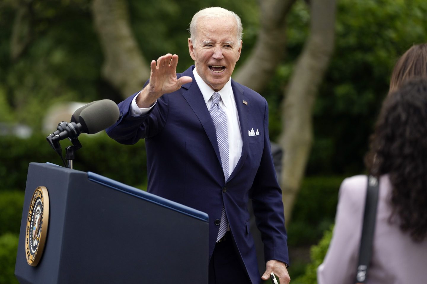 President Joe Biden waves after speaking in the Rose Garden of the White House in Washington on May 1, 2023, about National Small Business Week.