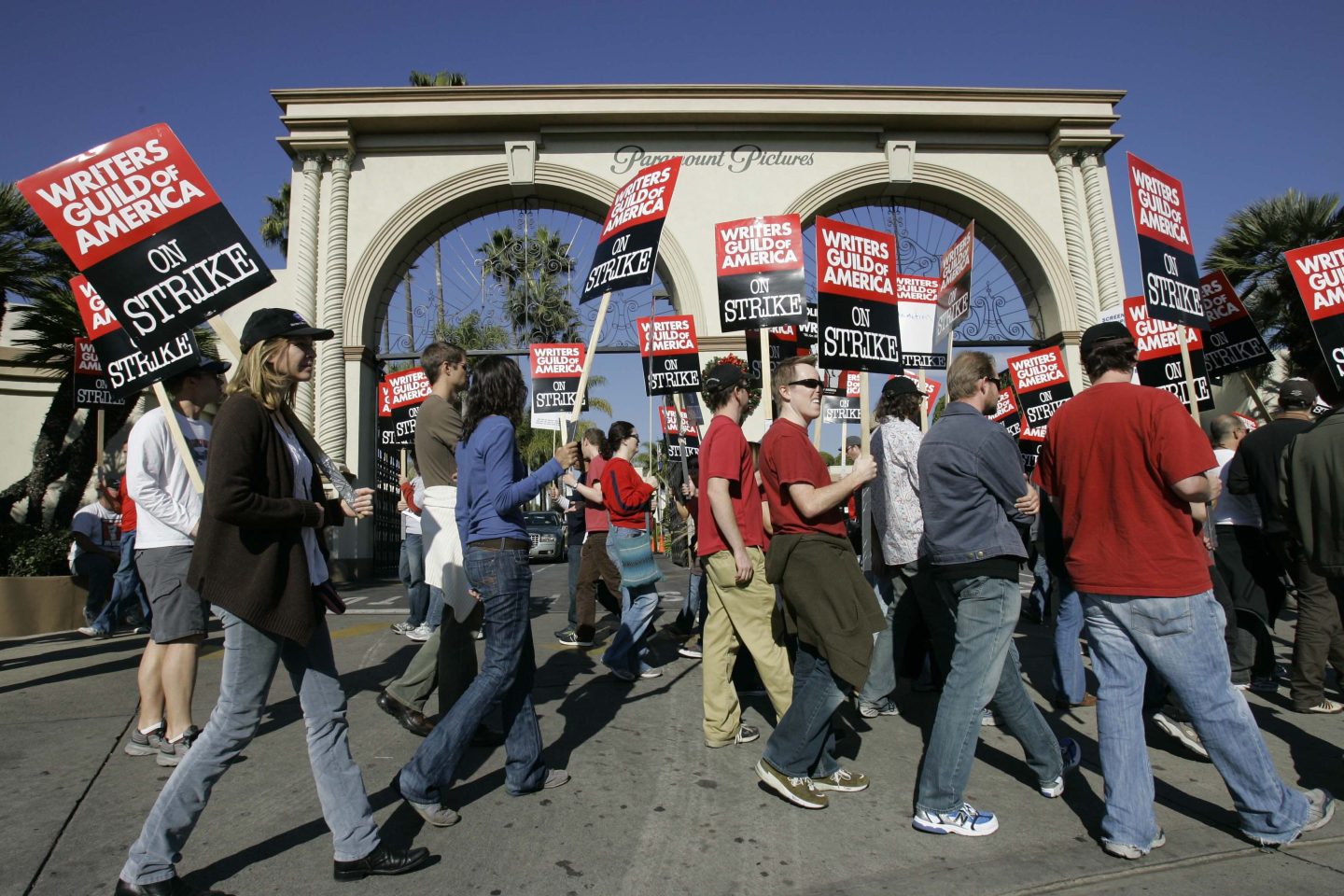 Striking writers walk the picket line outside Paramount Studios in Los Angeles on Dec. 13, 2007.