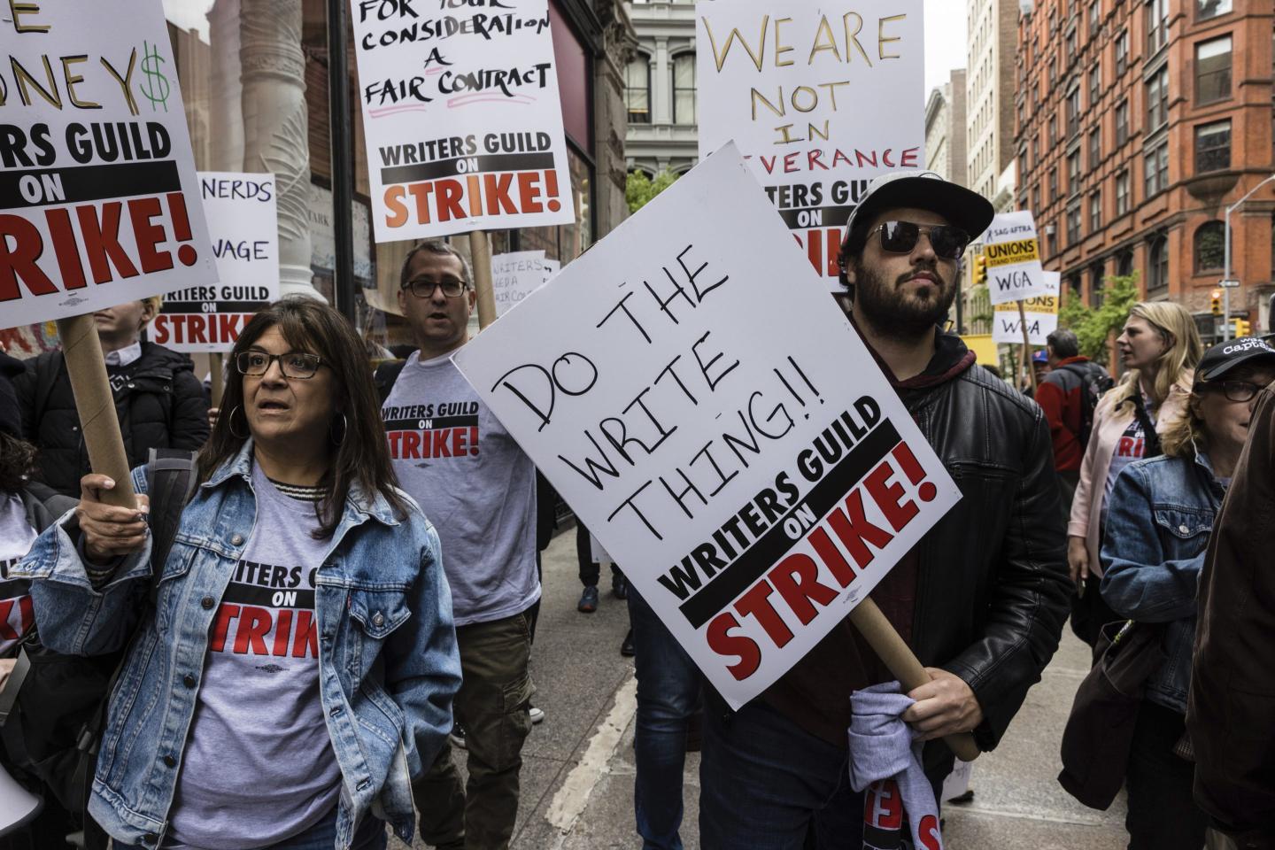 Members of the Writers Guild union protest outside the Netflix headquarters near Union Square on May 3, 2023, in New York. 