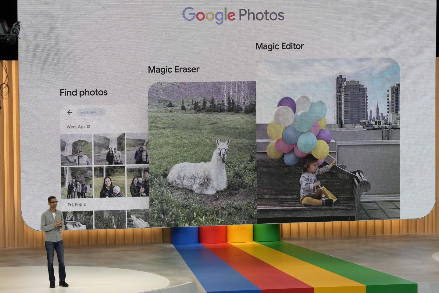 Alphabet CEO Sundar Pichai speaks at a Google I/O event in Mountain View, Calif., Wednesday, May 10, 2023.