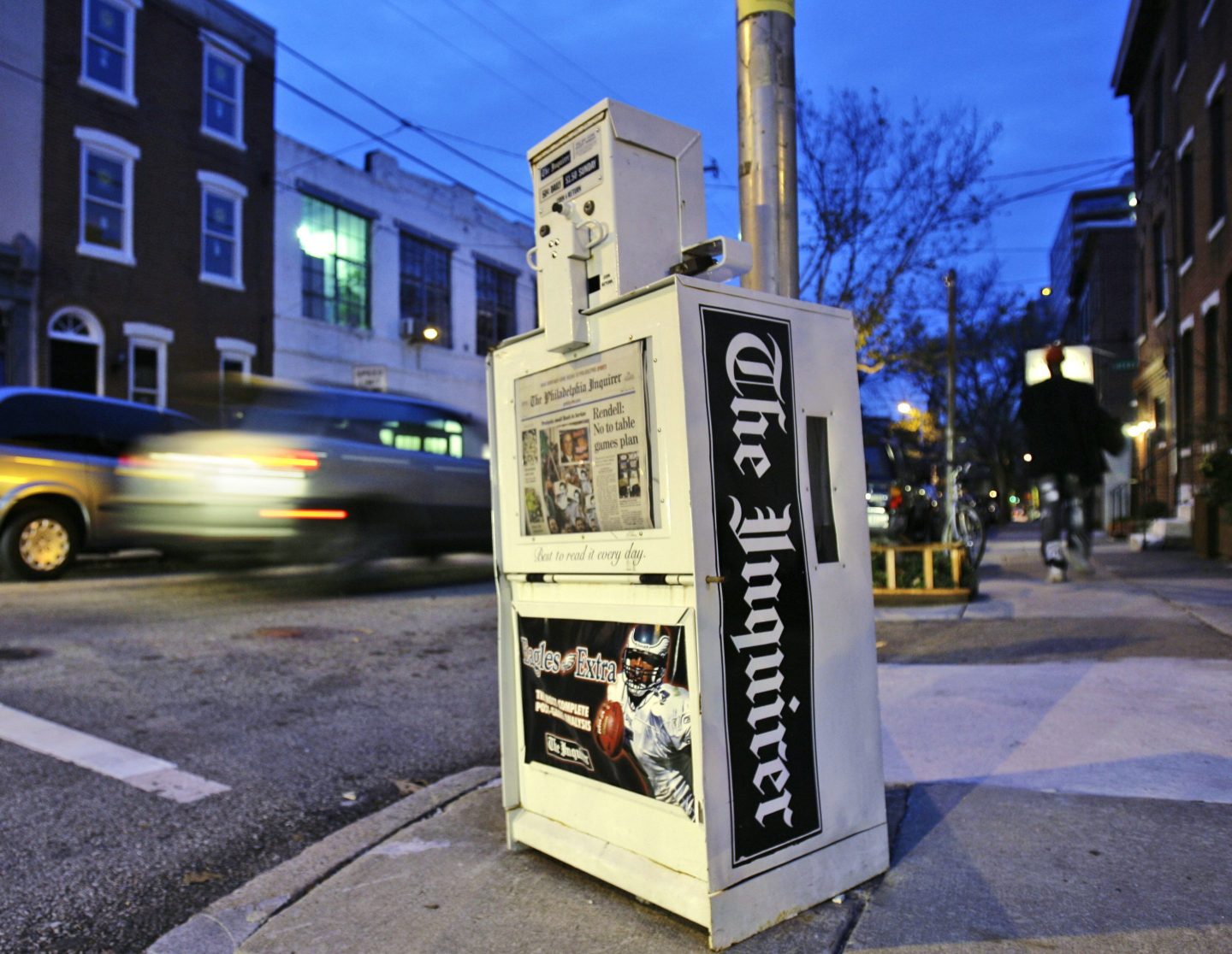 A Philadelphia Inquirer newspaper vending machine stands in Philadelphia on Nov. 30, 2006.
