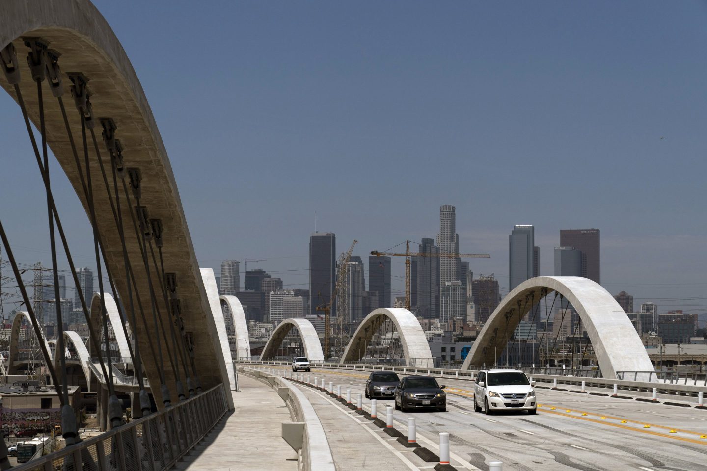Cars move along the 6th Street Viaduct in Los Angeles, on July 27, 2022. 