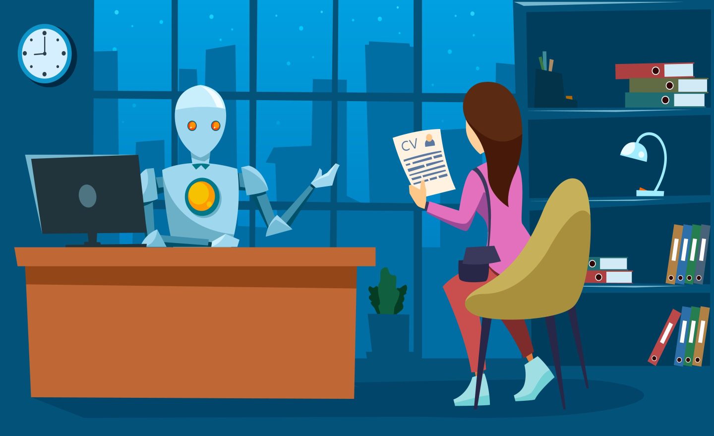 Robot businessman and female candidate with cv resume office illustration.