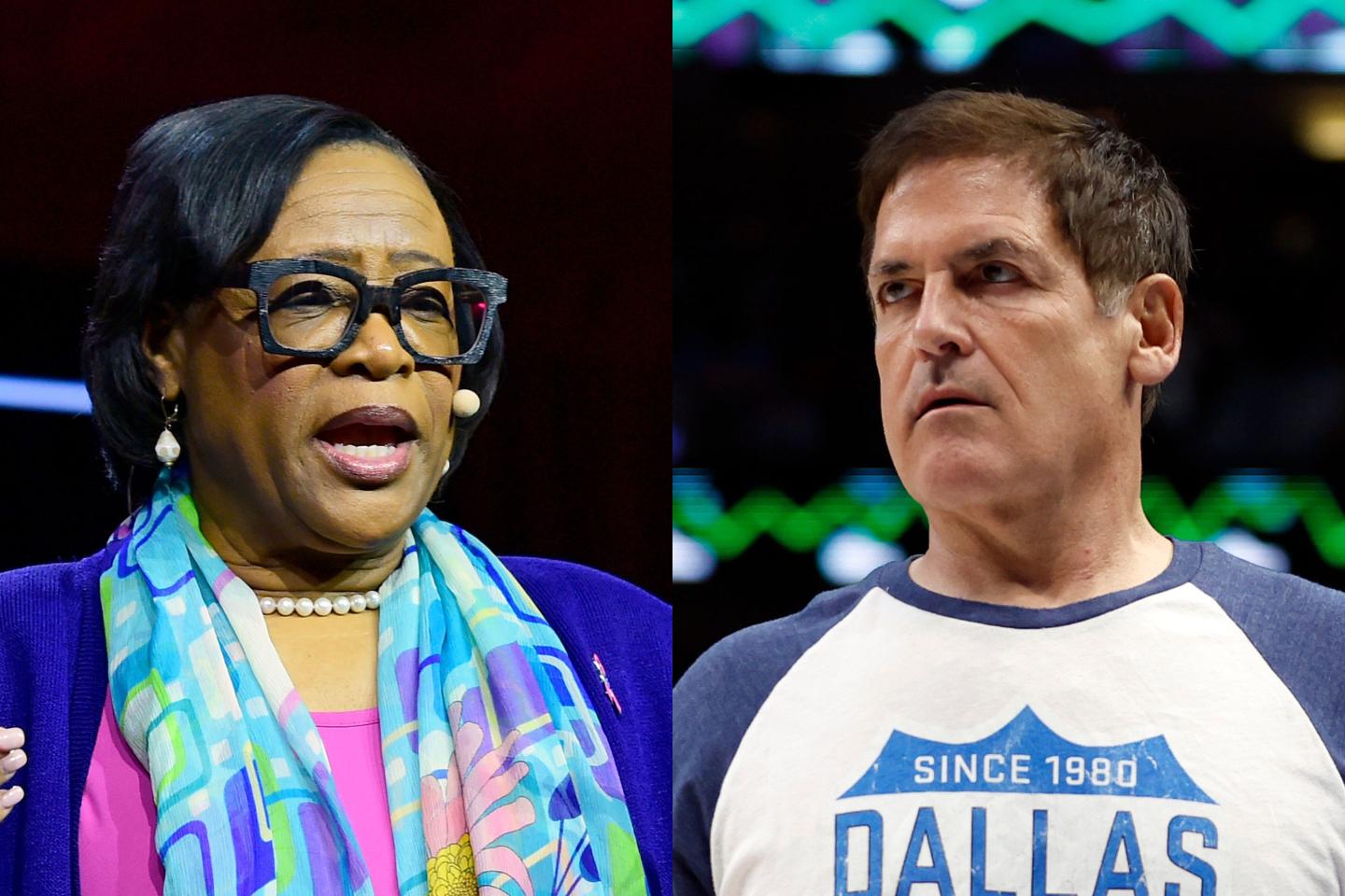 (Left) Cynt Marshall, CEO of Dallas Mavericks, (right) Mark Cuban, owner of Dallas Mavericks.