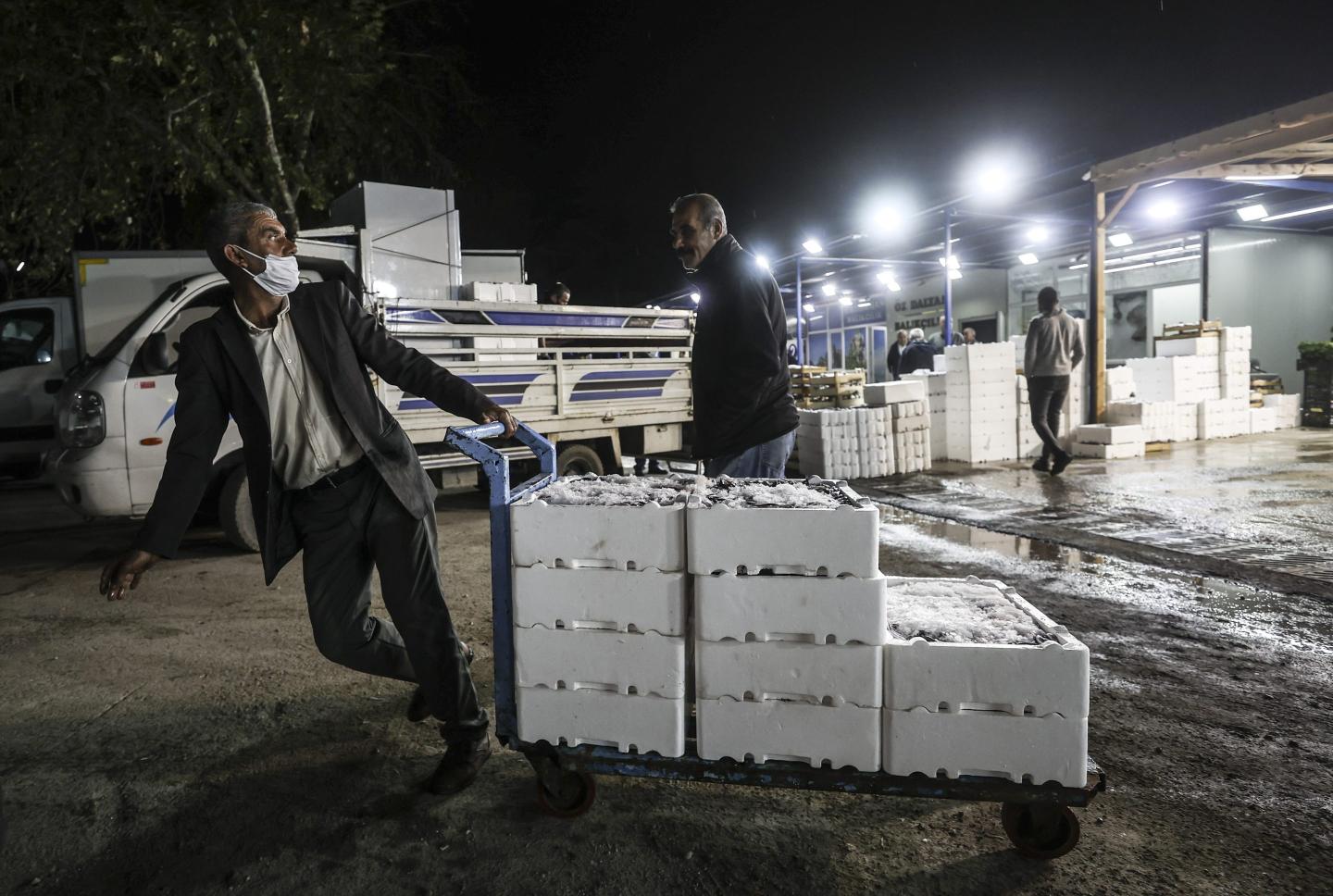 Fishers prepare market stalls in the late night