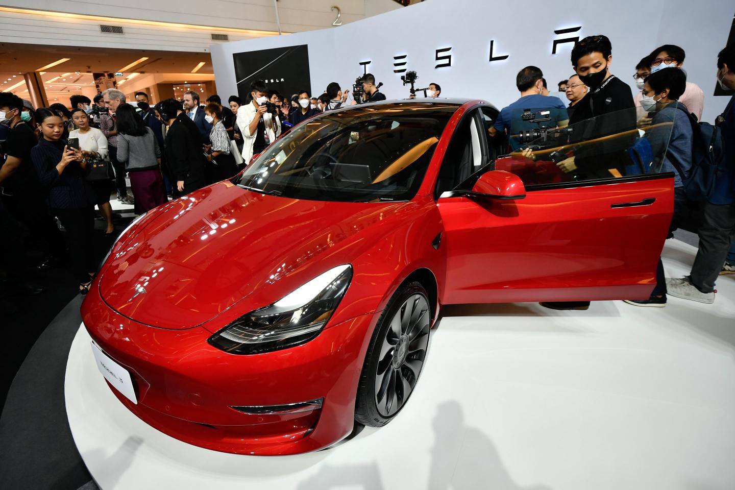 Tesla Model 3 electric car is displayed in Bangkok
