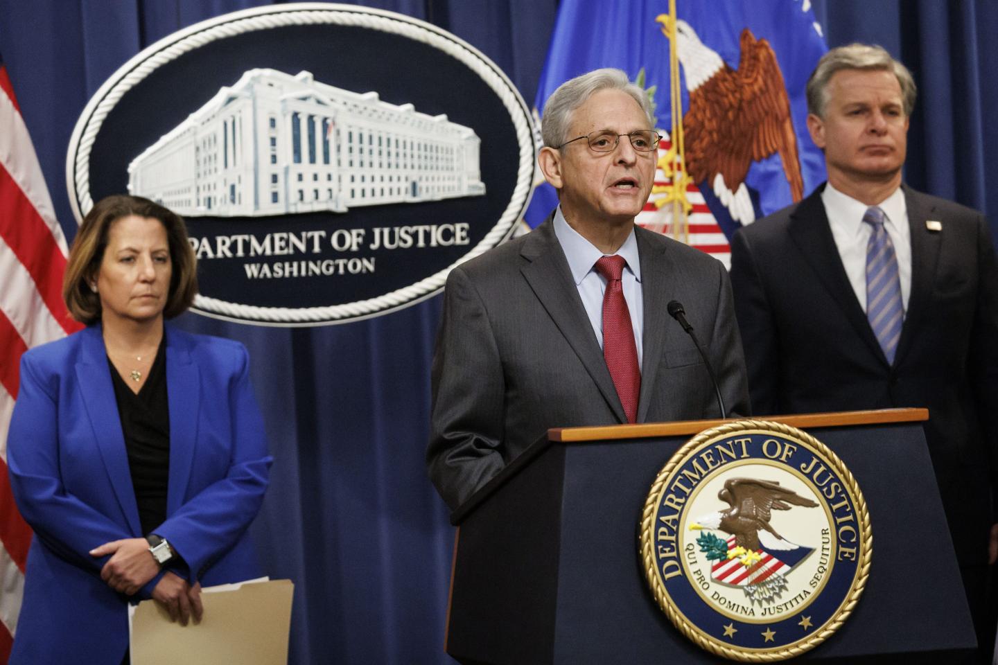 Attorney General Merrick Garland speaks during a news conference with Lisa Monaco, deputy U.S. attorney general, and FBI Director Christopher Wray.