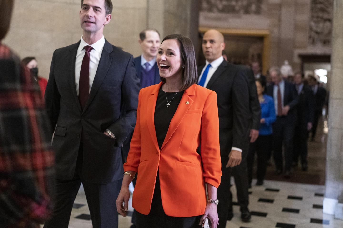 Sens. Katie Britt, R-Ala., and Sen. Tom Cotton, R-Ark., are seen before President Joe Bidens State of the Union address
