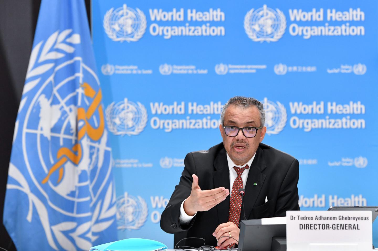 World Health Organization Director General Tedros Adhanom Ghebreyesus speaks during a press briefing at the WHO headquarters in Geneva, Switzerland, April 6, 2023. 