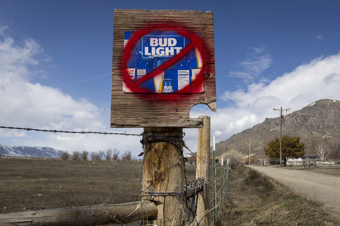 A sign disparaging Bud Light beer along a country road on April 21, 2023 in Arco, ID.