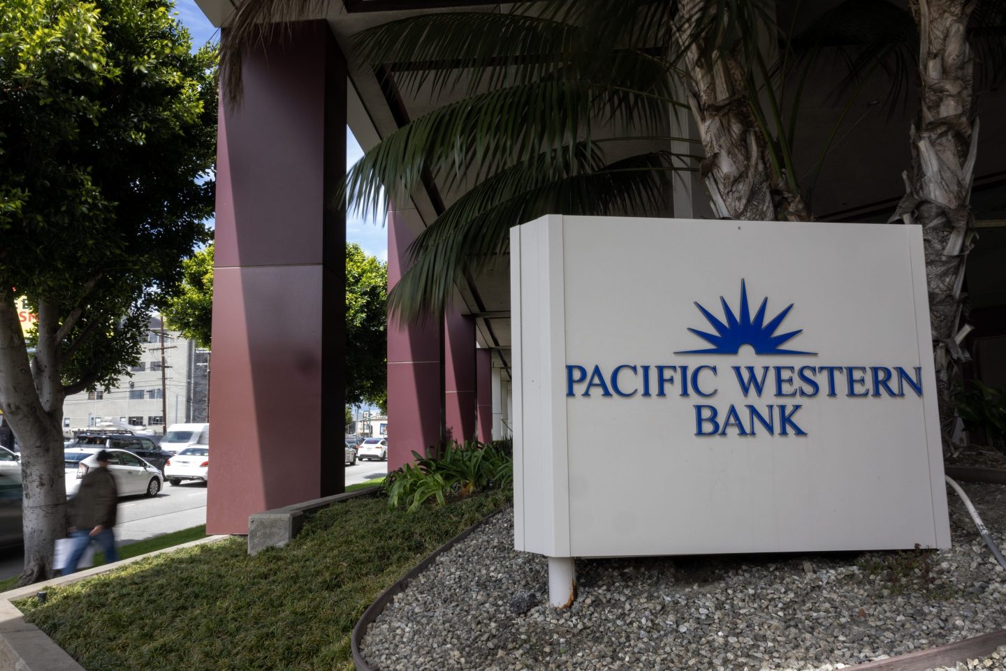 A Pacific Western Bank sign is seen on May 4, 2023 in Los Angeles