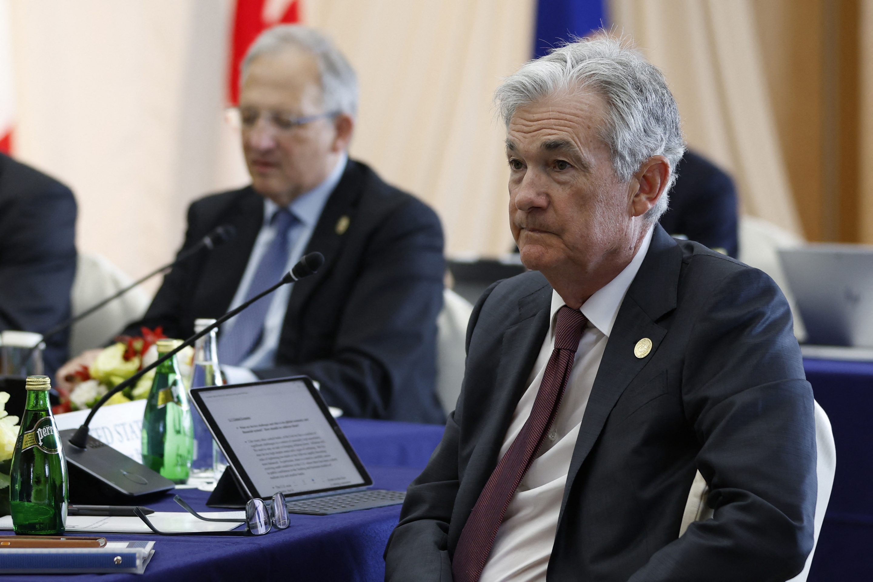 Jerome Powell, chairman of the U.S. Federal Reserve, right, and Jon Cunliffe, deputy governor for financial stability at the Bank of England (BOE), prior to the central bank session of the G7 Finance Ministers and Central Bank Governors' Meeting in Niigata on May 13, 2023.