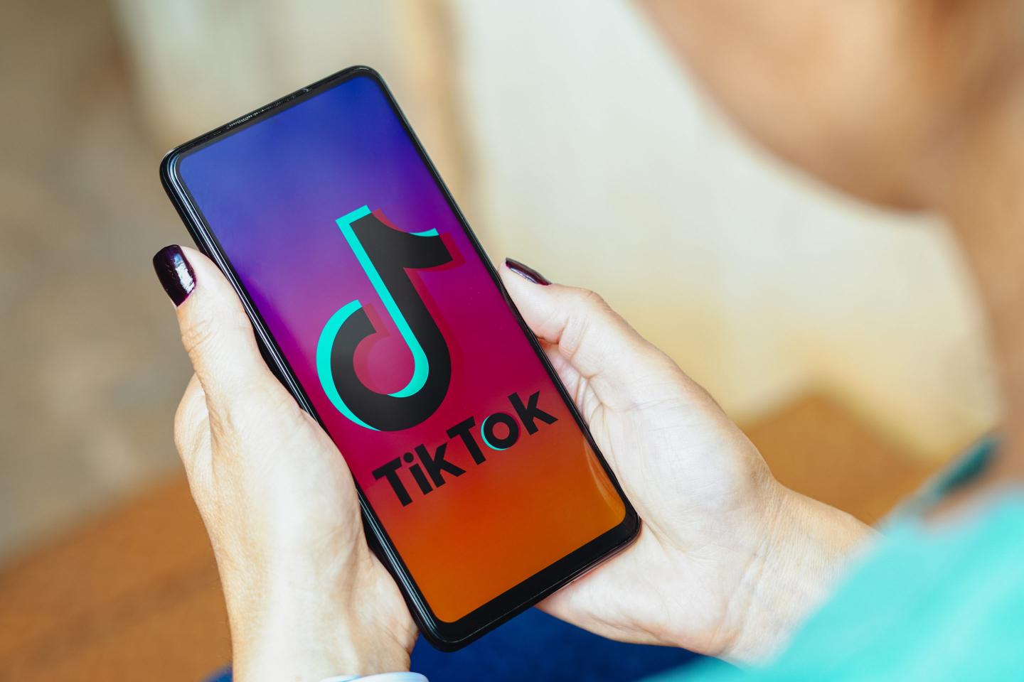 The TikTok logo is displayed on a smartphone screen.