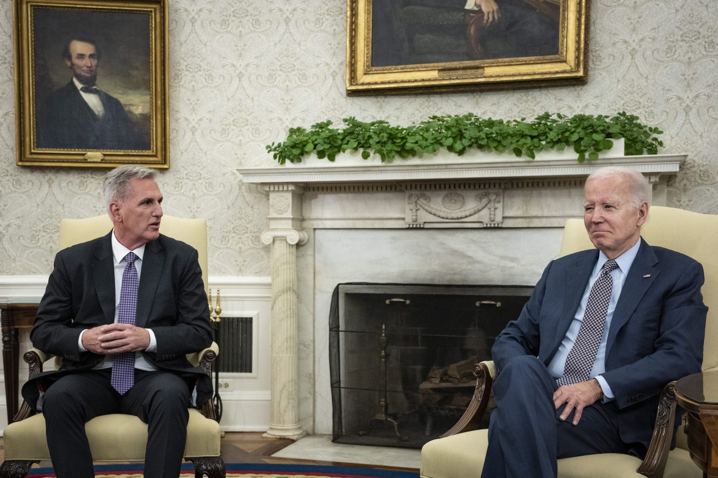 President Joe Biden and House Speaker Kevin McCarthy at a debt limit meeting in the Oval Office on May 22.