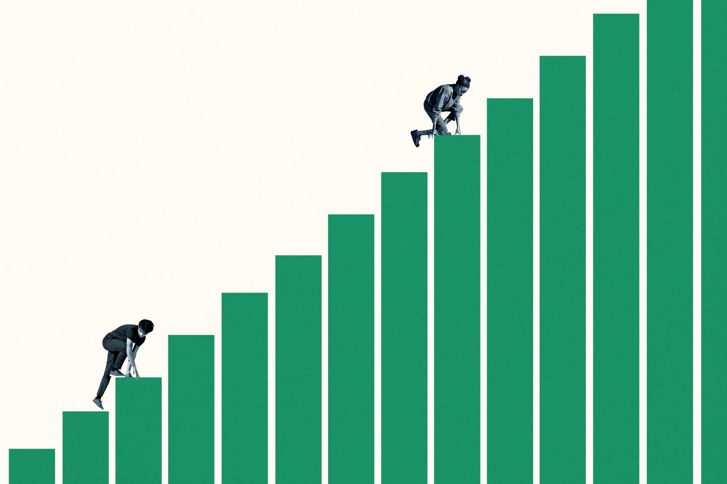 Full length young woman climbing ahead of man on green bar graphs together against white background