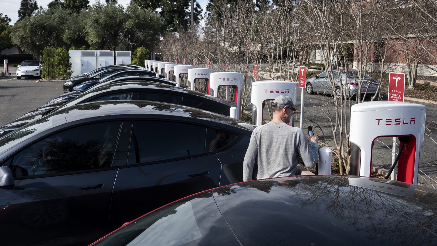 A crowded Tesla Supercharger station in Irvine, Calif. Ford EV owners will now be able to use it too.