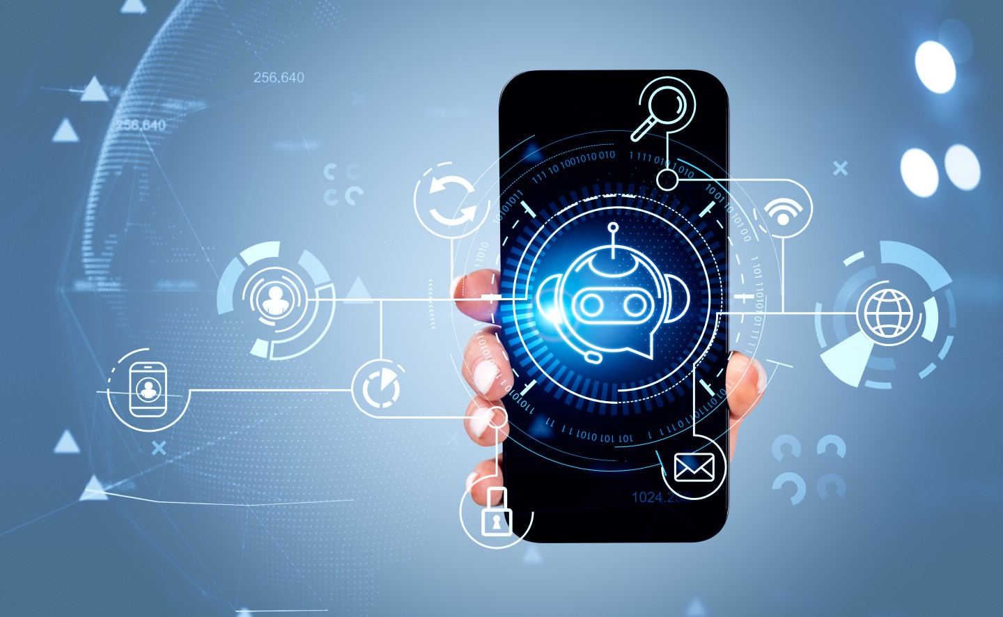 Woman hand show phone with voice chat bot hologram, business network icons. Artificial intelligence, worldwide and binary. Concept of helpdesk