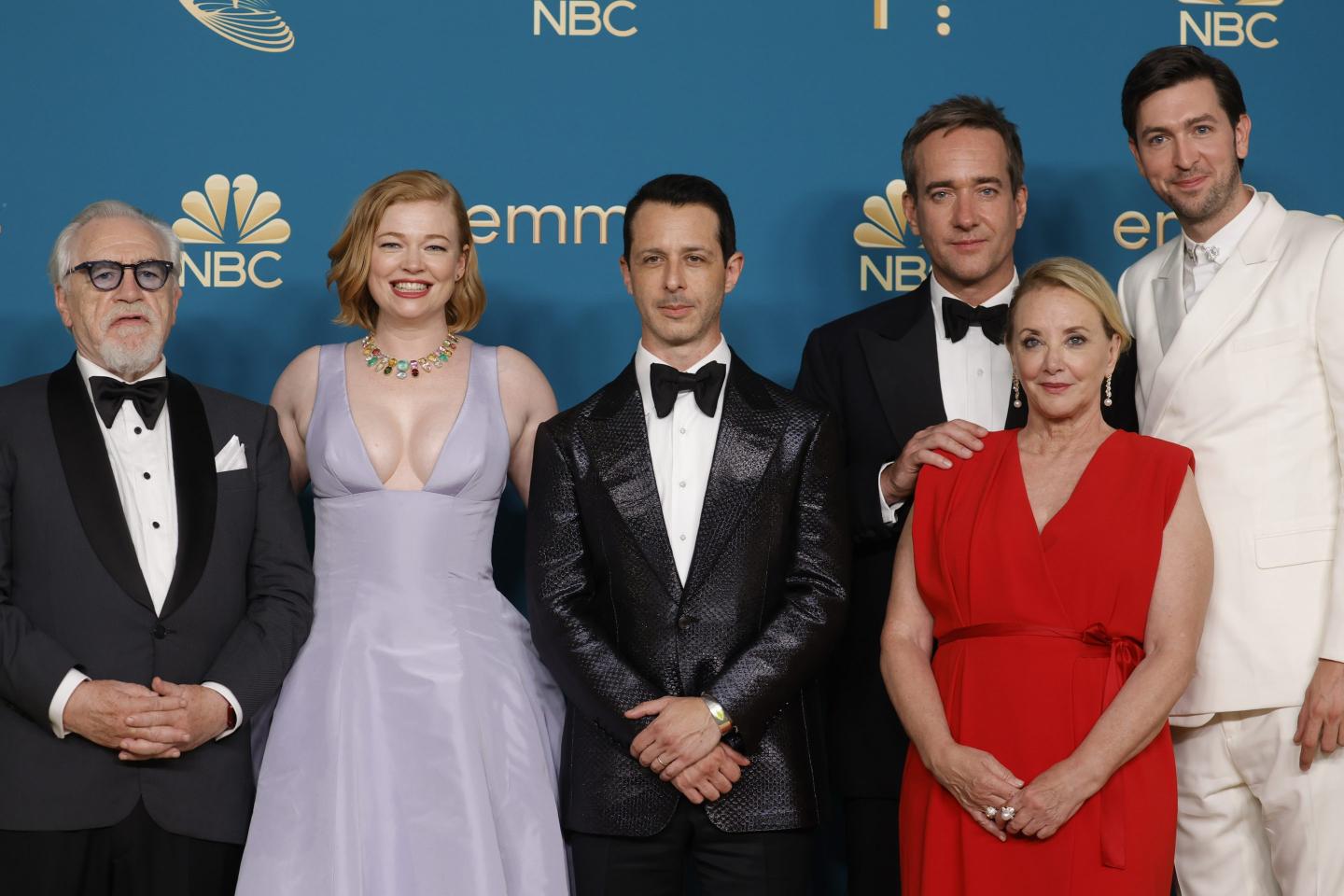 Brian Cox, Sarah Snook, Jeremy Strong, Matthew Macfadyen, J. Smith-Cameron, and Nicholas Braun accept an award for "Succession"