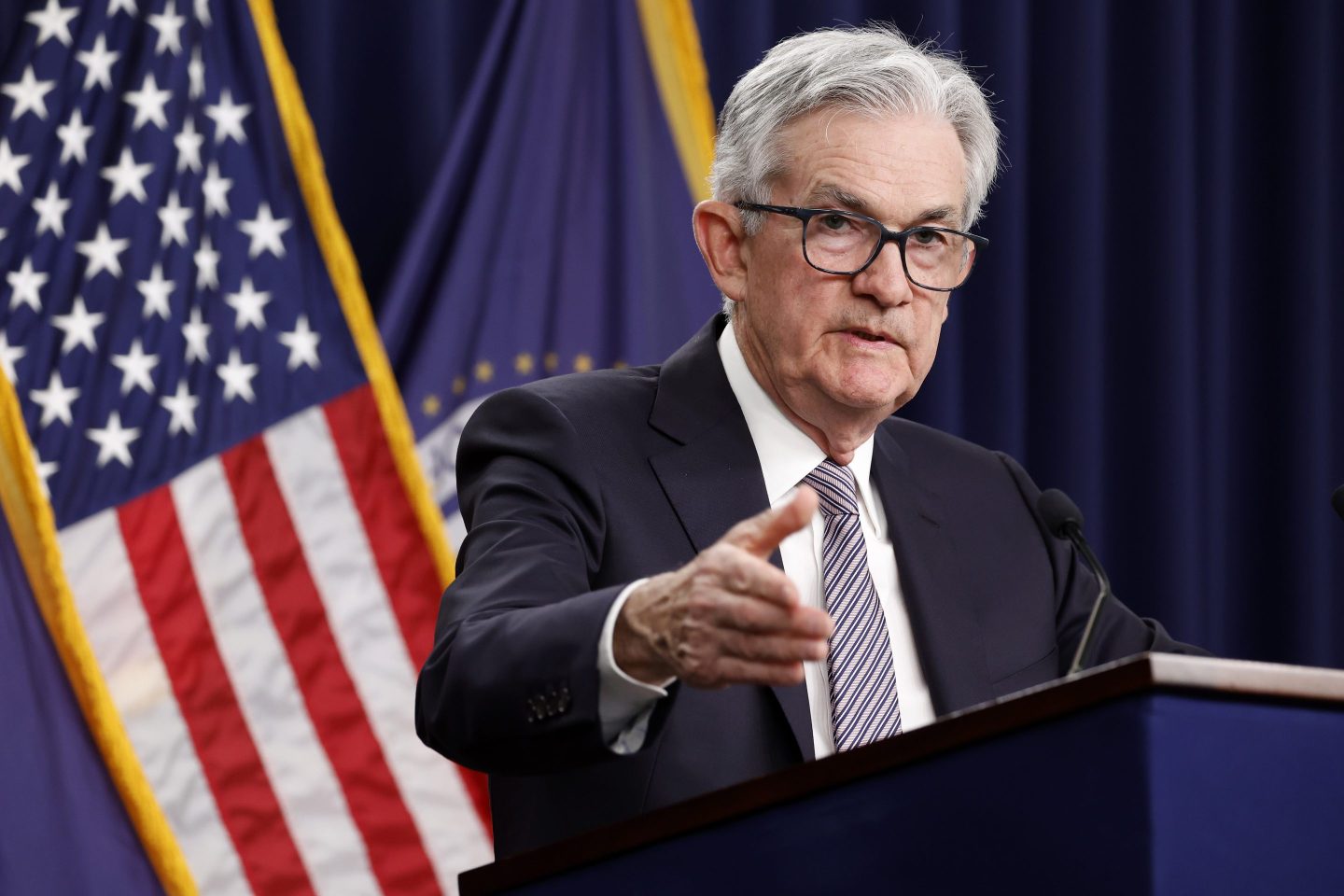 Federal Reserve Board Chairman Jerome Powell delivers remarks at a news conference following a Federal Open Market Committee meeting on May 3, 2023 in Washington, D-C.