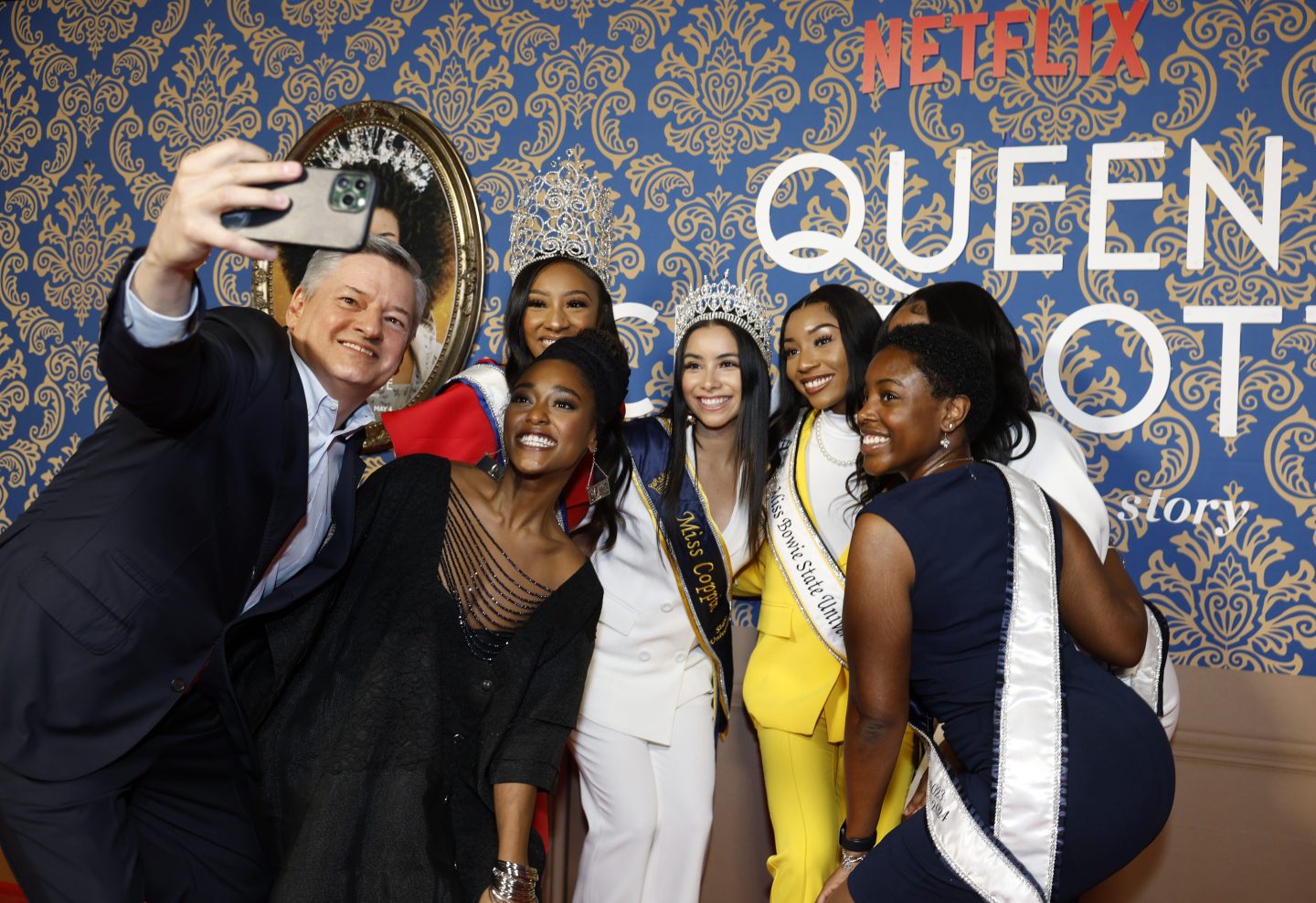 Ted Sarandos (L) snaps a group selfie at Queen Charlotte: A Bridgerton Story Special Screening and Panel Discussion at National Museum Of African American History & Culture on May 2, 2023 in Washington, DC.