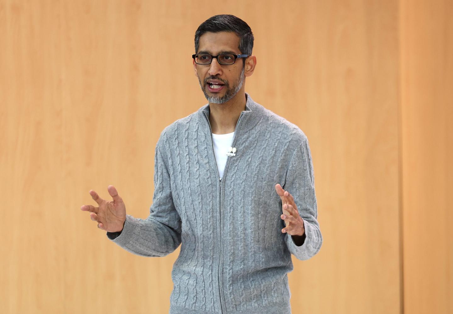 Alphabet CEO Sundar Pichai delivers the keynote address at the Google I/O developers conference at Shoreline Amphitheatre on May 10, 2023 in Mountain View, California. 