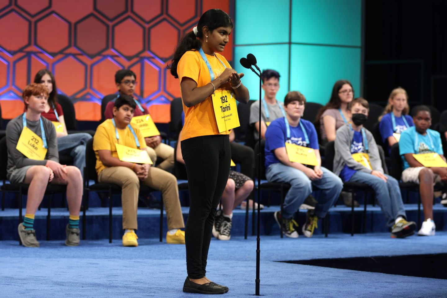 Speller Tarini Nandakumar participates in a preliminary round of the 2023 Scripps National Spelling Bee.