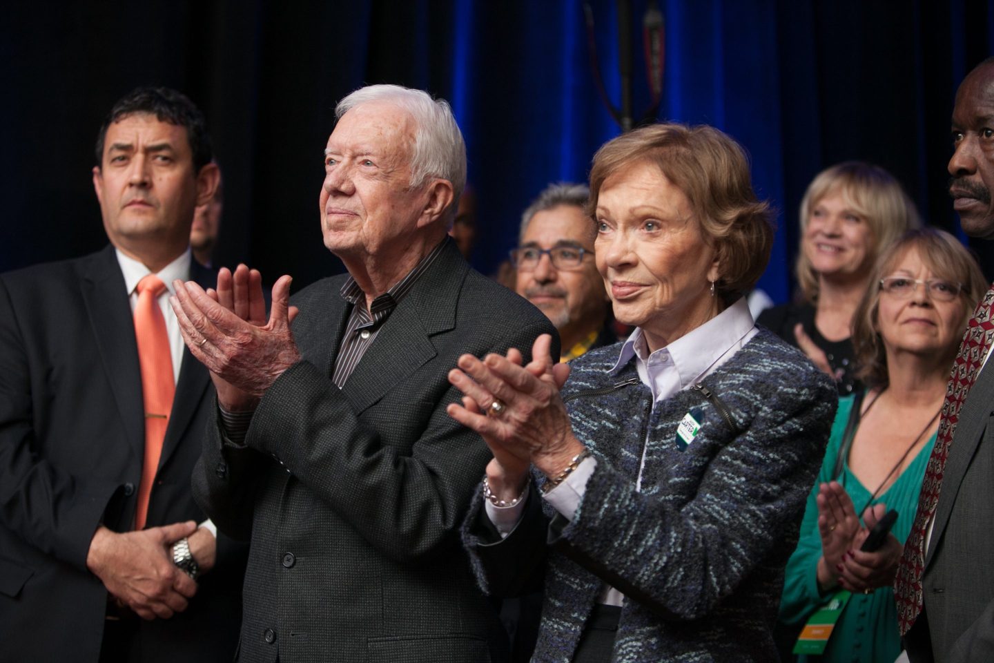 ATLANTA, GA &#8211; NOVEMBER 4:  Former President Jimmy Carter and Rosalynn Carter cheer for their grandson, Georgia Democratic gubernatorial candidate Jason Carter, as he makes a concession speech to a crowd of supporters gathered for an election party at the Hyatt Regency in downtown Atlanta on November 4, 2014 in Atlanta, Georgia.  Carter was defeated by incumbent Gov. Nathan Deal.  (Photo by Jessica McGowan/Getty Images)