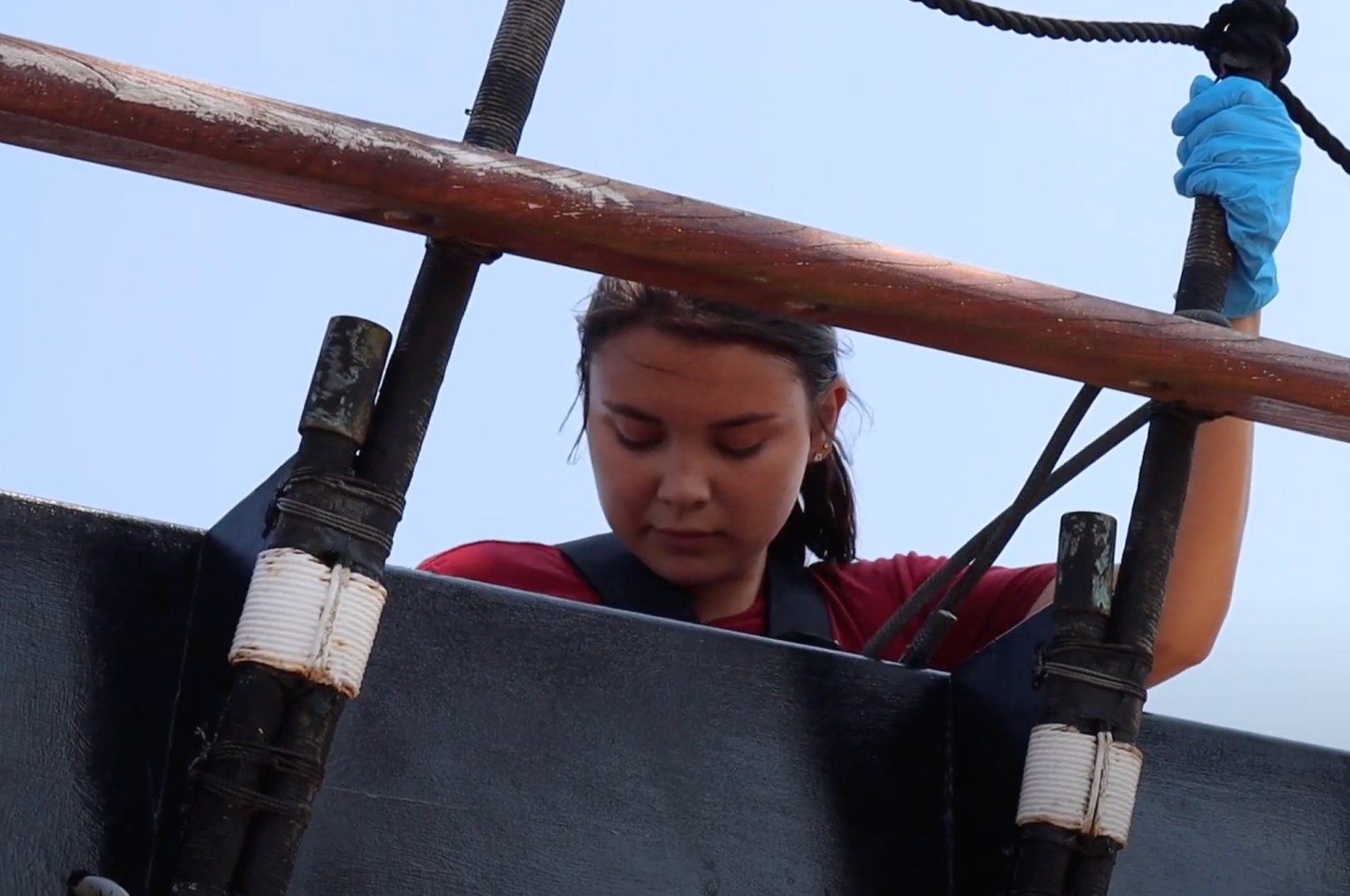 Maddie Gillissie aboard a 131’ gaff-rigged schooner, where she did a hands-on, paid internship during high school before pursuing a career in marine engineering.