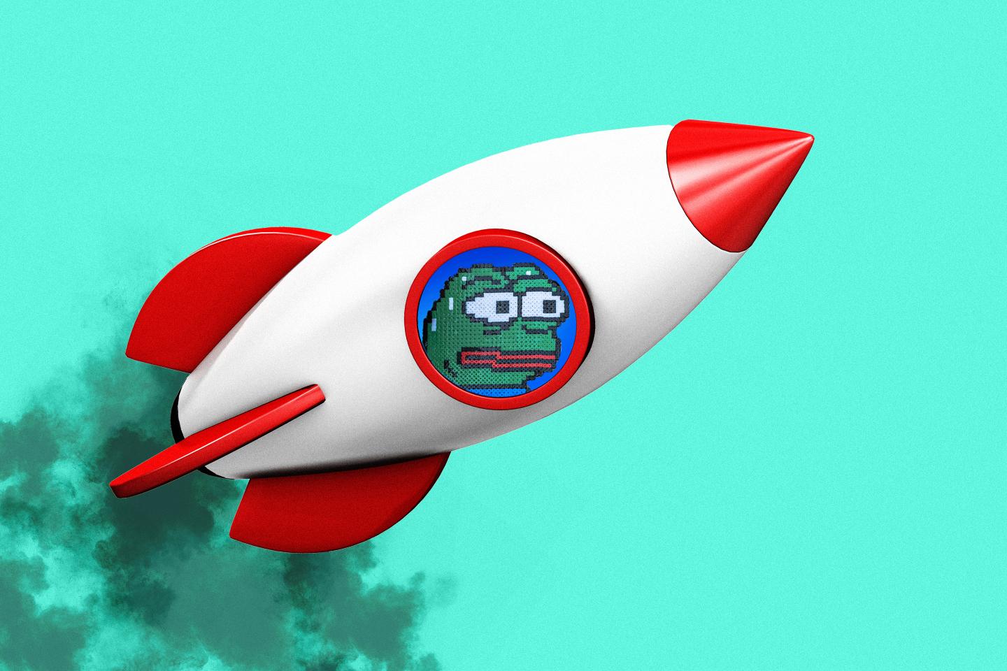 Photo illustration of Pepe meme in a rocket ship with smoke coming out.