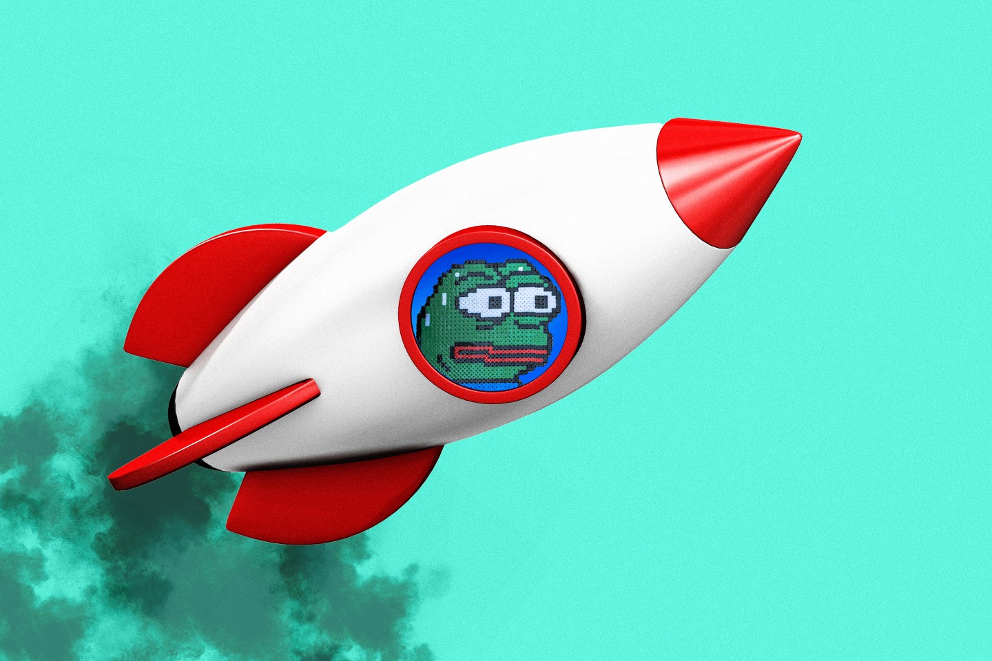 Photo illustration of Pepe meme in a rocket ship with smoke coming out.