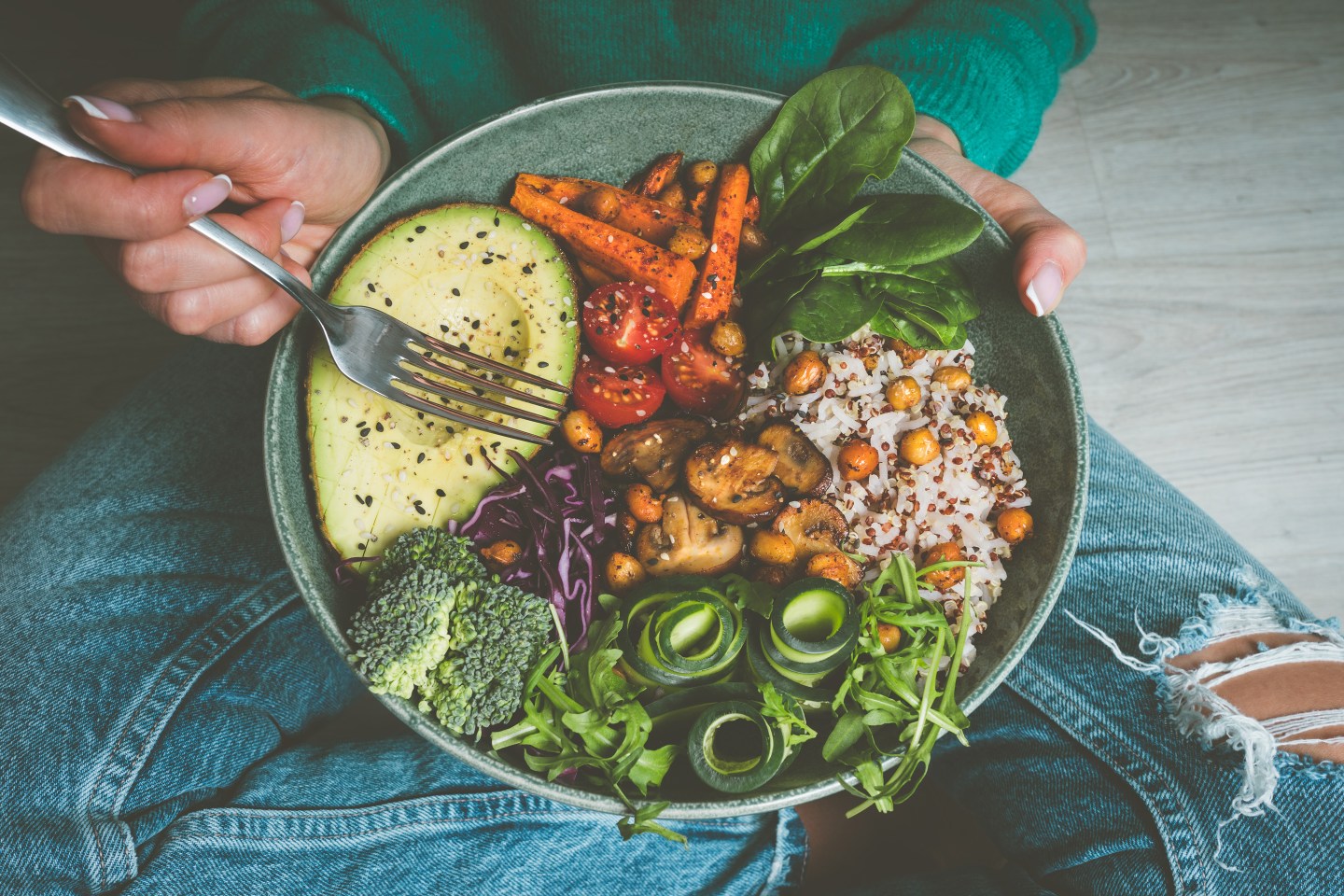 Woman eating vegetarian food