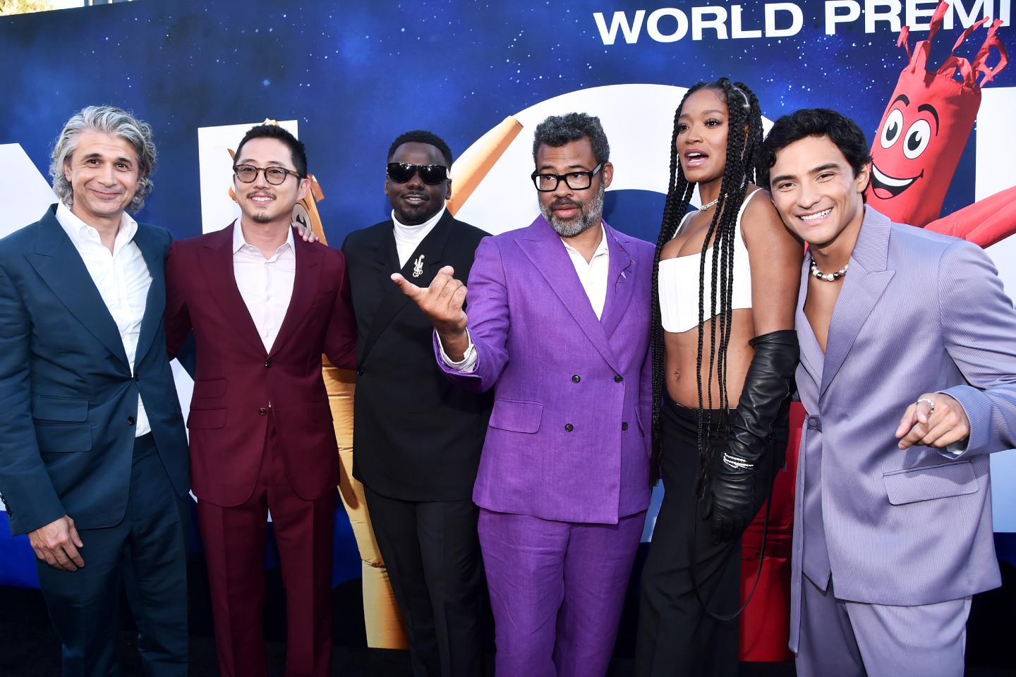 Win Rosenfeld, Steven Yeun, Daniel Kaluuya, Jordan Peele, Keke Palmer and Brandon Perea attend the world premiere of Universal Pictures' "NOPE" at TCL Chinese Theatre on July 18, 2022 in Hollywood, California.