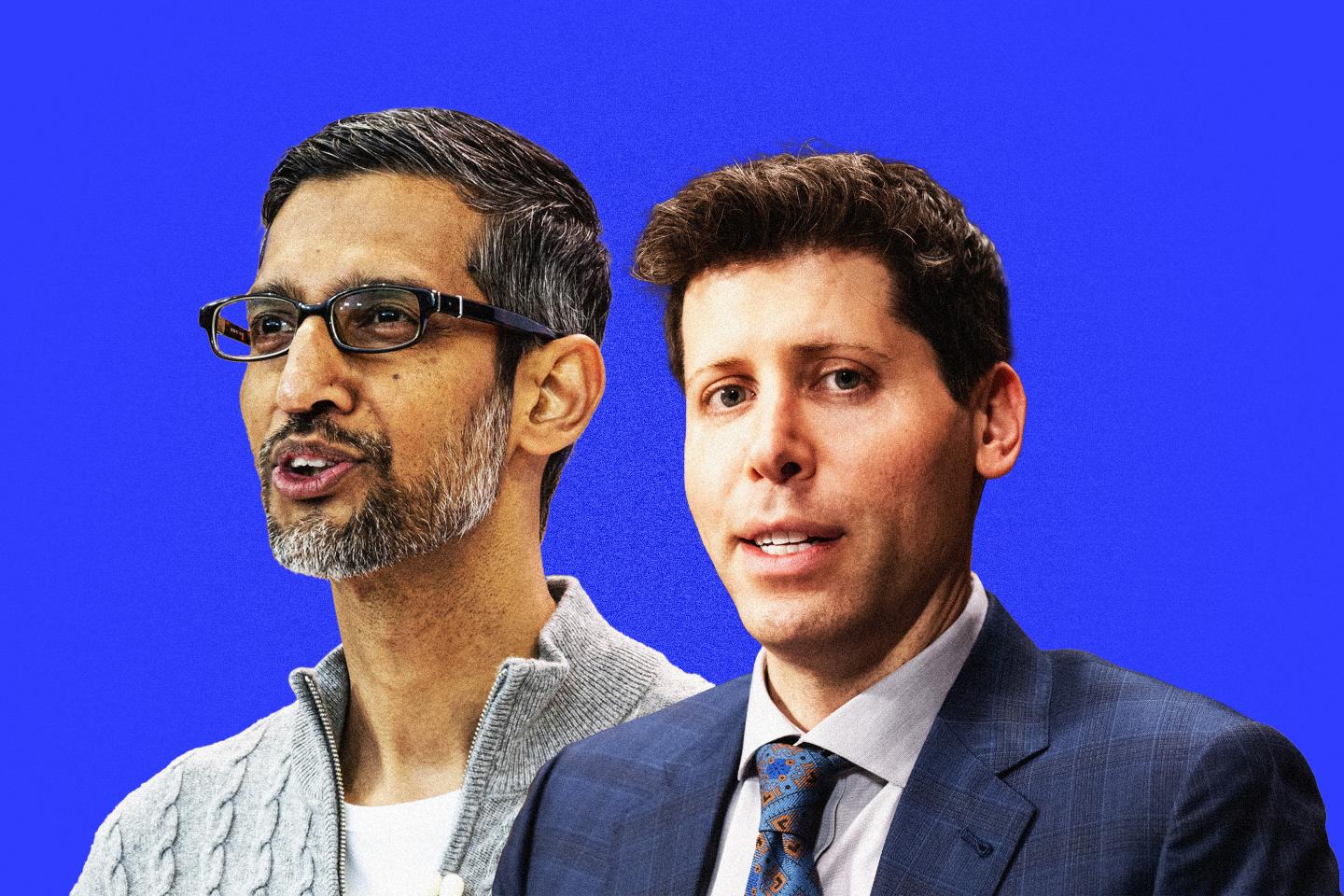 Portrait of Alphabet CEO Sundar Pichai and OpenAI CEO Sam Altman on blue background.