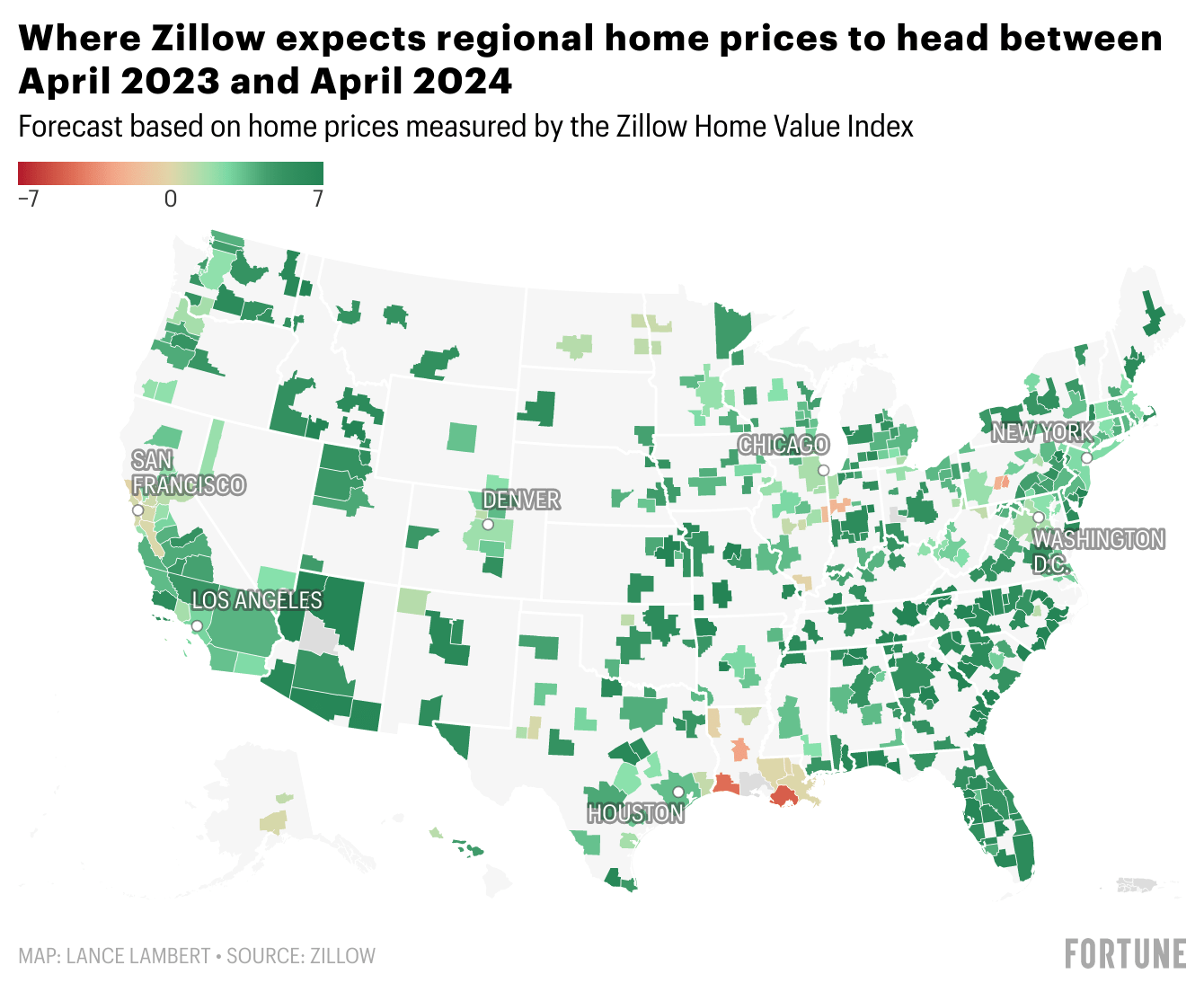 Chart showing where Zillow expects regional home prices to head between April 2023 and April 2024