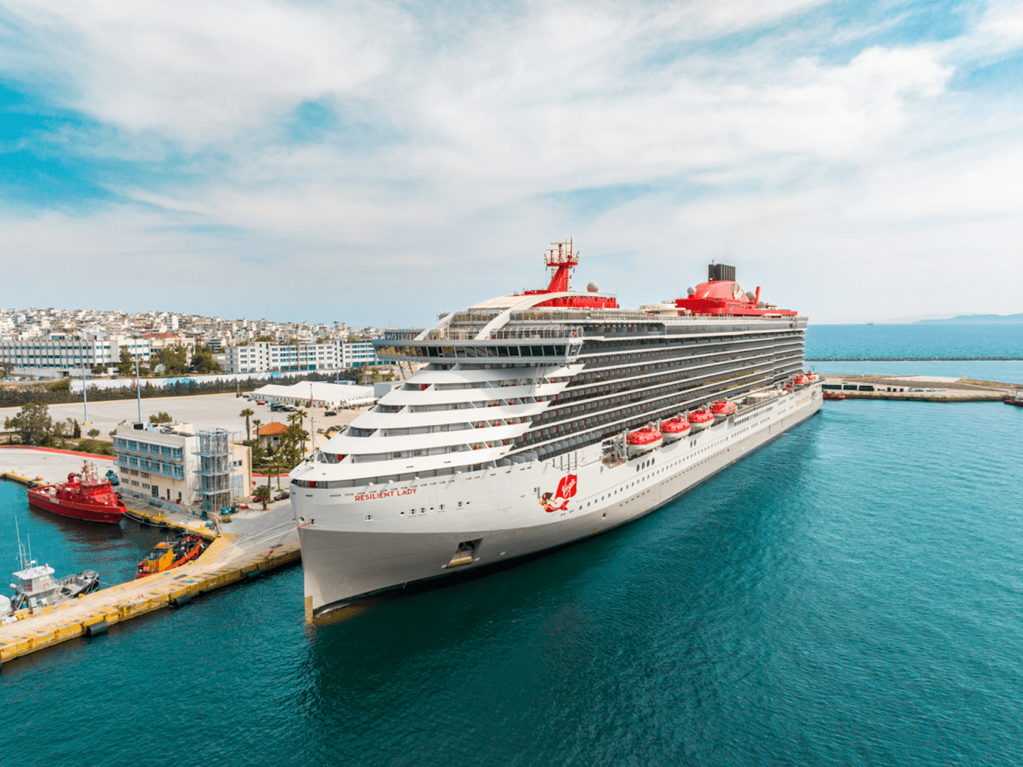 Resilient Lady, the third ship in the Virgin Voyages fleet, docked in Athens, Greece ahead of its 'MerMaiden' voyage.