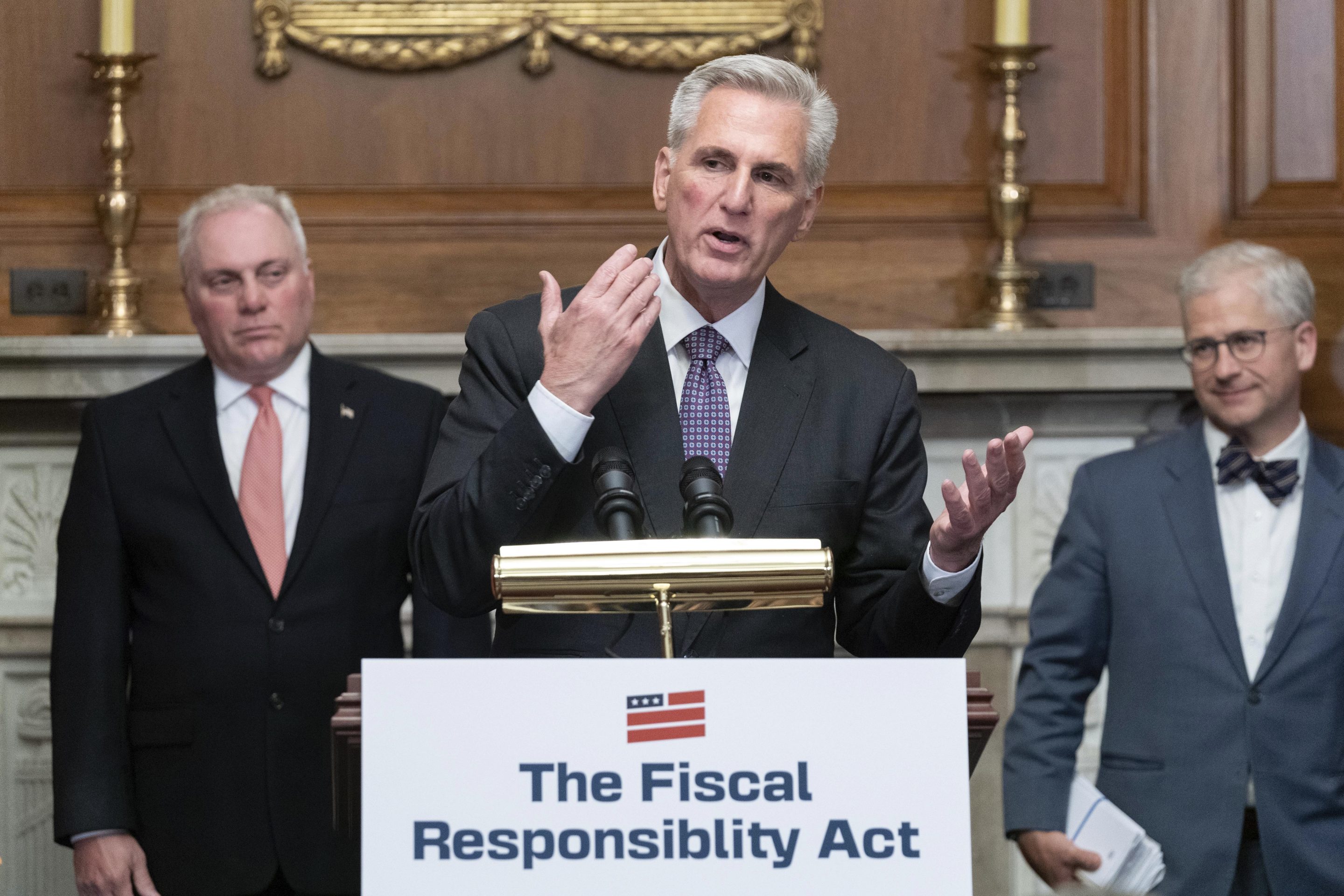 House Speaker Kevin McCarthy of R-Calif., speaks as House Minority Whip Rep. Steve Scalise, R.La., left, and Rep. Patrick McHenry, R-N.C., listen at a news conference after the House passed the debt ceiling bill at the Capitol in Washington, on May 31, 2023. 