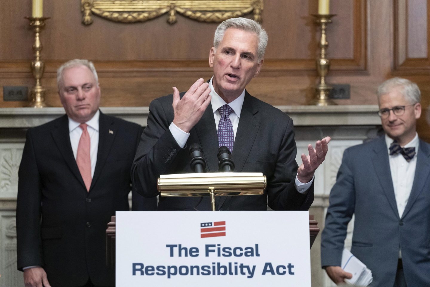 House Speaker Kevin McCarthy of R-Calif., speaks as House Minority Whip Rep. Steve Scalise, R.La., left, and Rep. Patrick McHenry, R-N.C., listen at a news conference after the House passed the debt ceiling bill at the Capitol in Washington, on May 31, 2023.