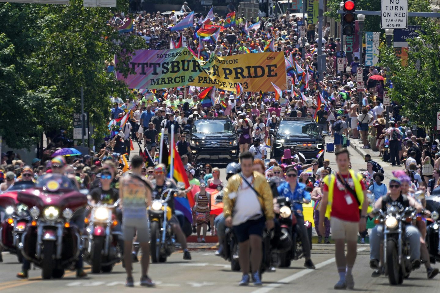The Pittsburgh Pride parade, celebrating 50 years of Pittsburgh Pride, crosses the Andy Warhol Bridge from downtown Pittsburgh, on June 3, 2023.