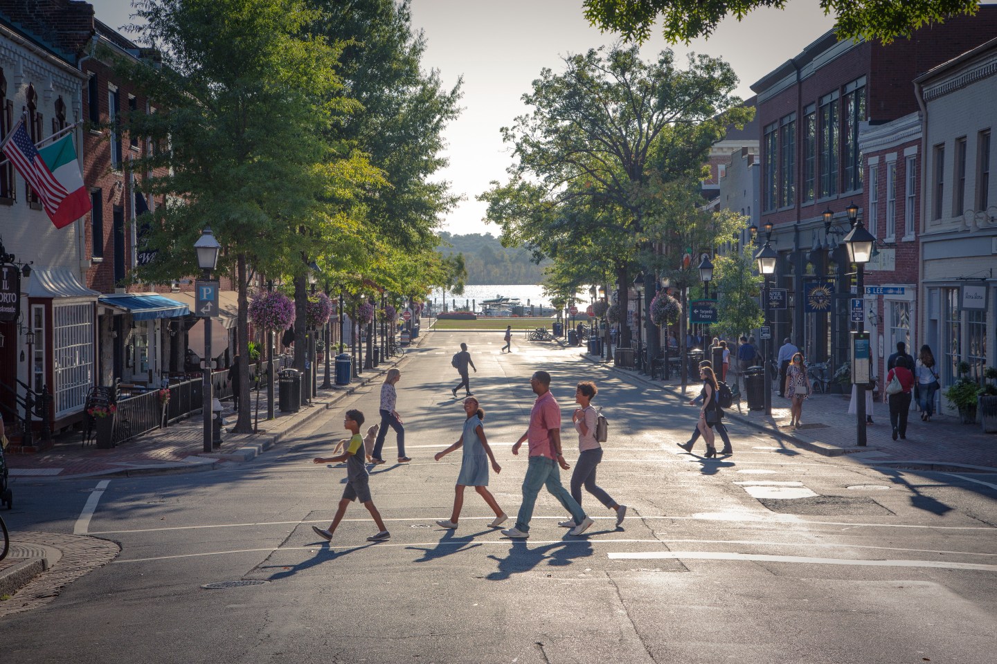 A pedestrian-only block of historic King Street in Alexandria, Va., just steps from the Potomac River waterfront.