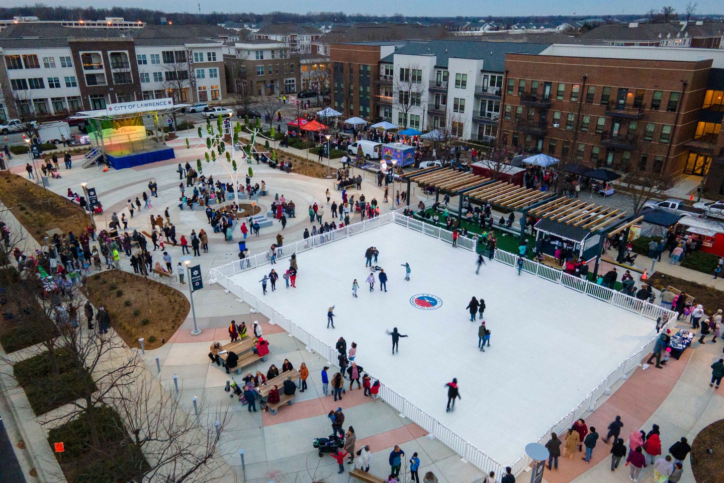 Civic Plaza in Lawrence, Ind., plays host to a series of events—“A Lawrence Christmas” among them, featuring ice-skating, tree-lighting, and a holiday parade.