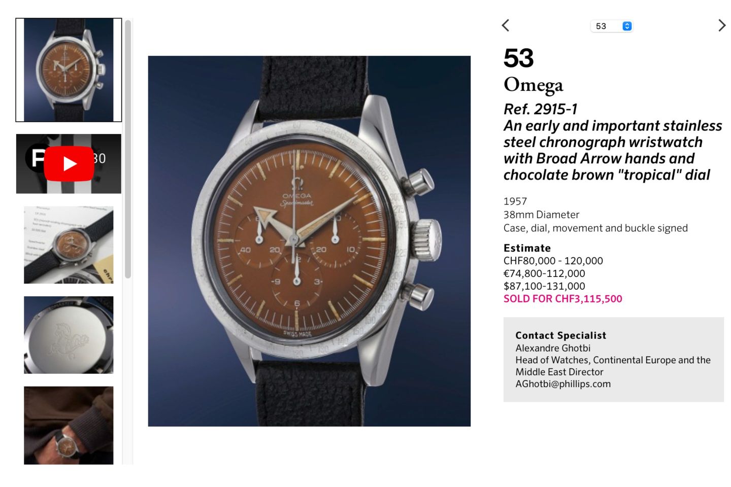 The original listing and sale price of the fraudulent Speedmaster on the Phillips website.