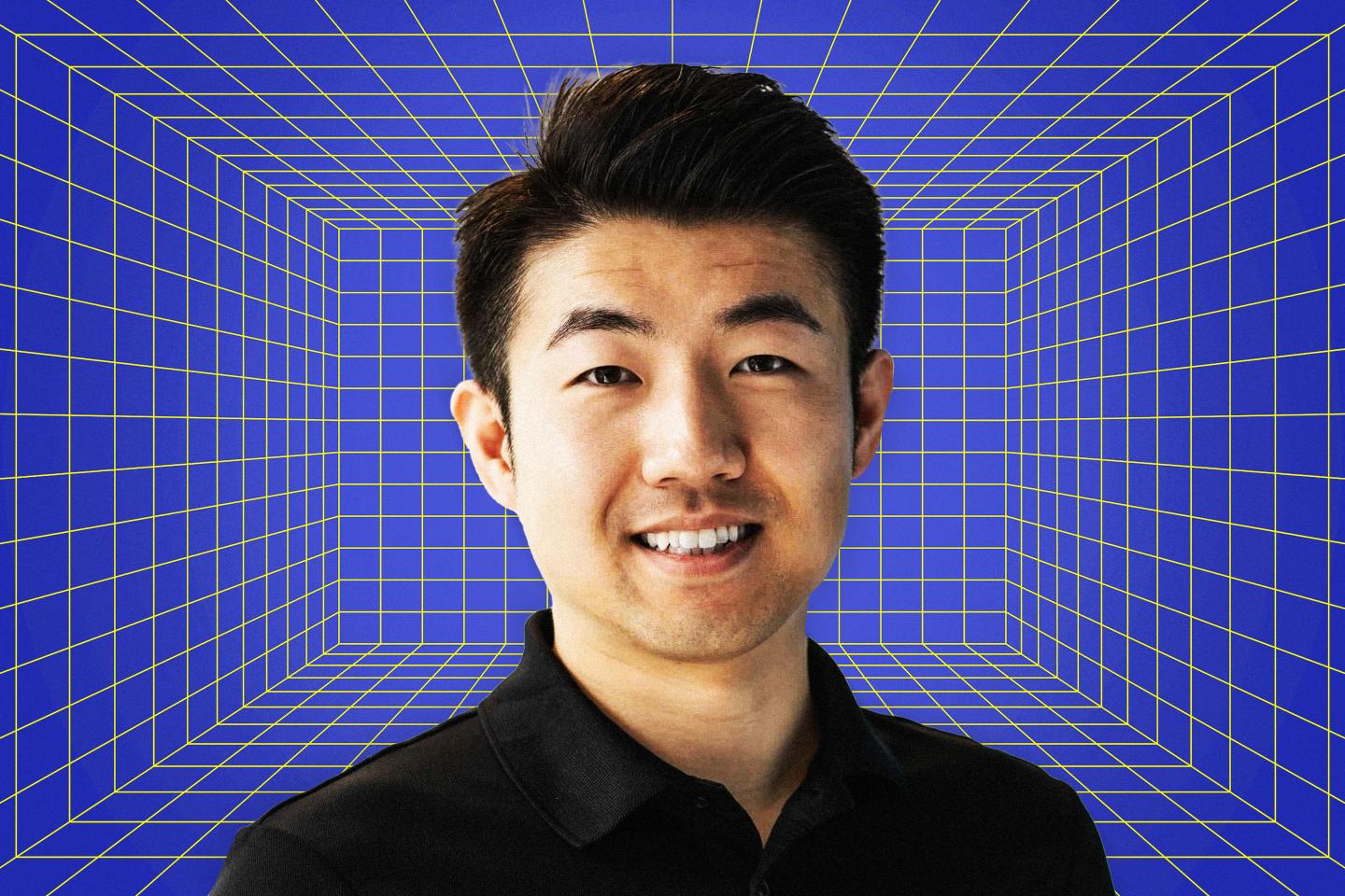 A headshot of Alvin Xu overlaid on top of a computer-like background.