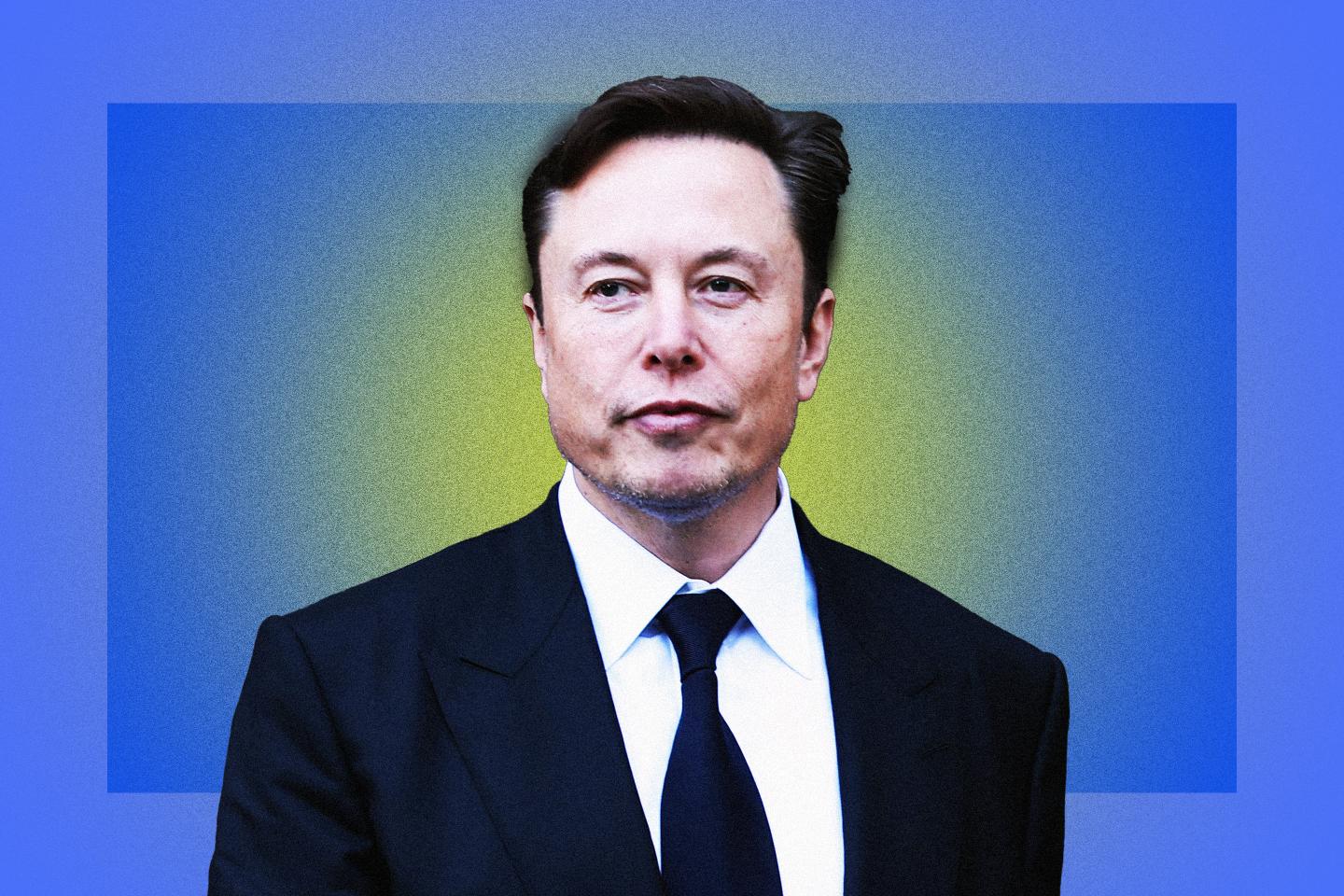 Tesla CEO Elon Musk on blue and yellow background.