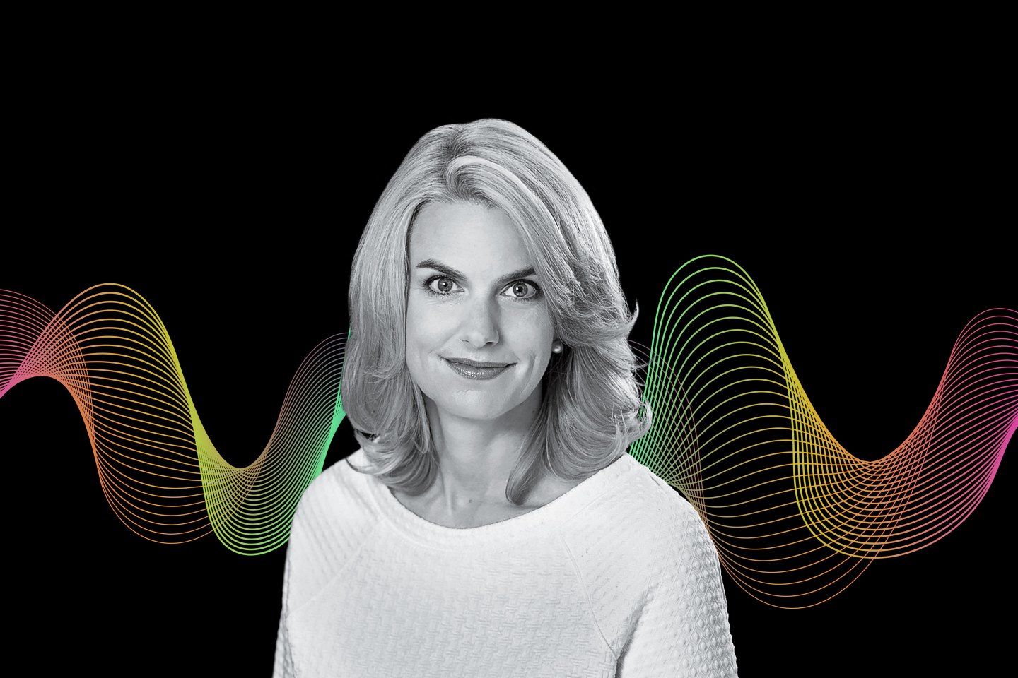 A woman in a light-colored dress against a black background