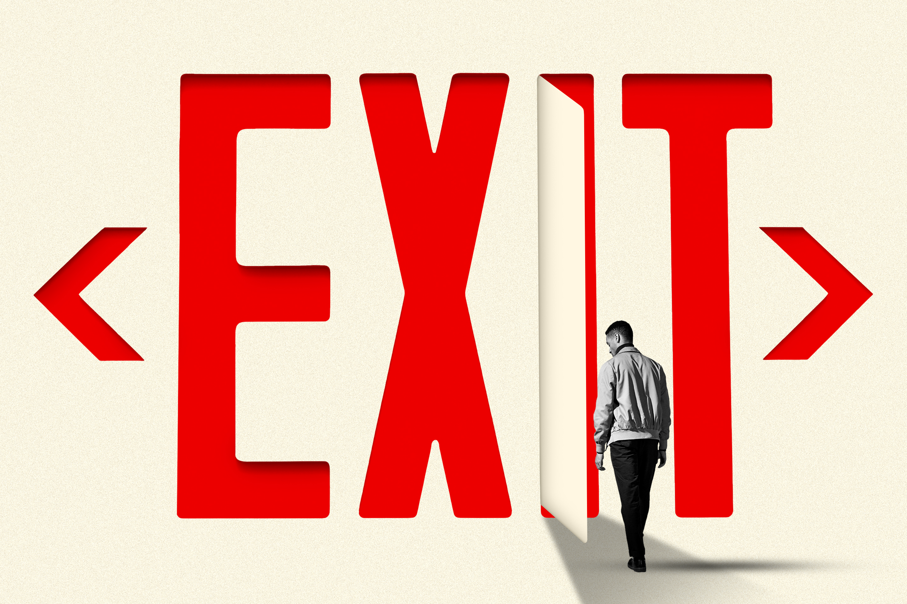 Photo illustration of a large red EXIT sign with the "I" opening like a door and a young Gen Z man walking toward it.